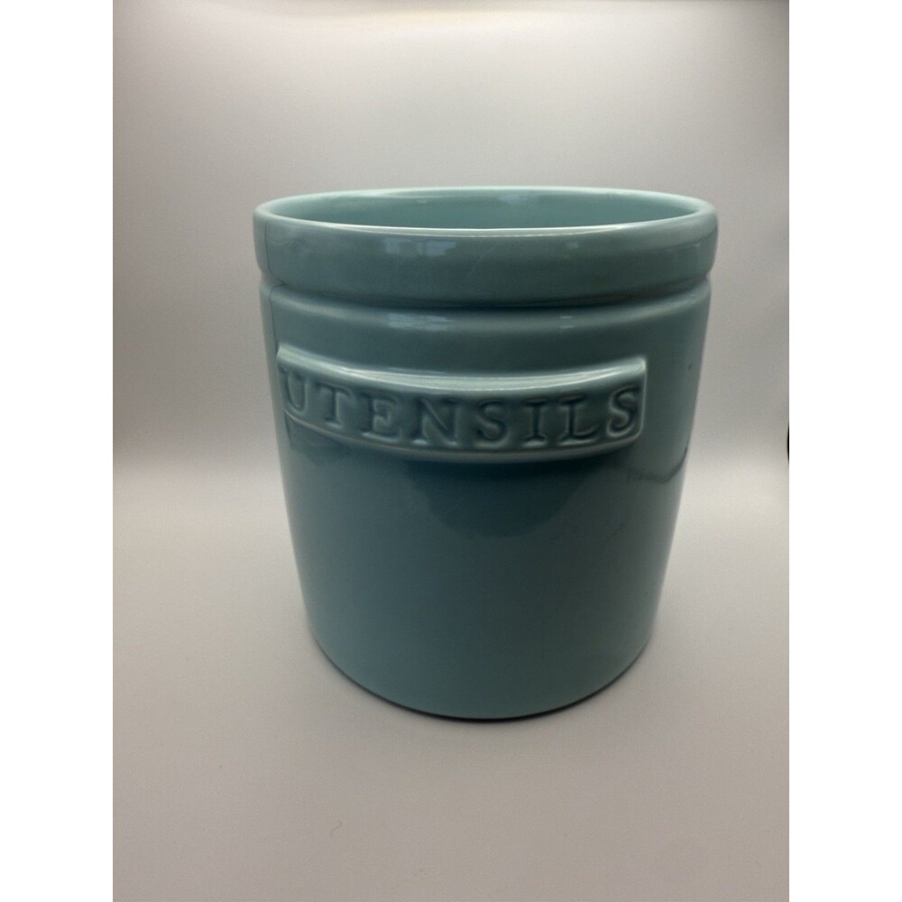 Aqua Blue Utensils Kitchen Crock 6.25”Hx6.25”D Planter Bathroom
